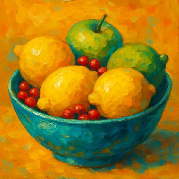 Schilderij keukenwand – citroenen, appels en kersen in turquoise schaal