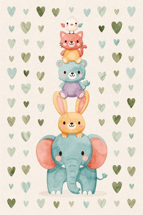 Dieren Toren in Pastel – schilderij kinderkamer olifant konijn beer kat vogel