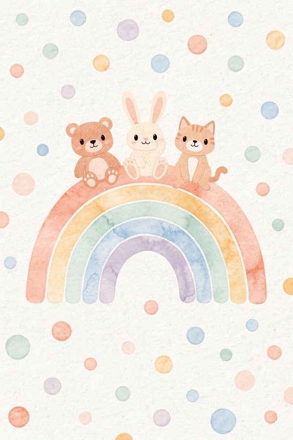 Droomboog met Vriendjes – schilderij kinderkamer regenboog beer konijn kat pastel