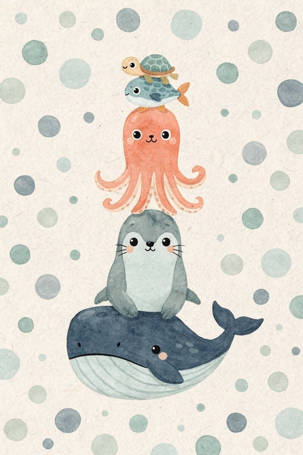 Onderwater Dierentoren – schilderij kinderkamer walvis zeehond octopus vis schildpad
