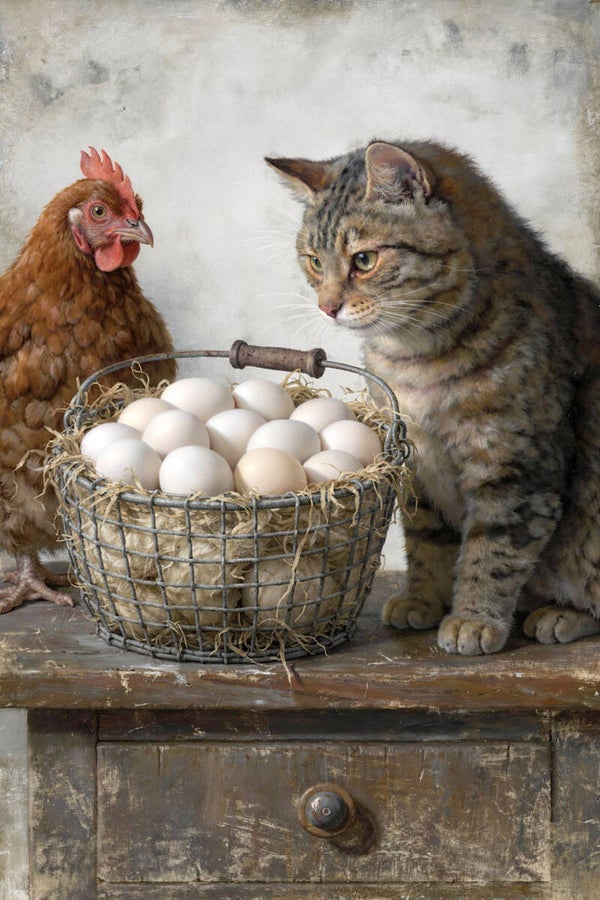 Ochtendwachters bij het Nest – schilderij kip kat eieren landelijk