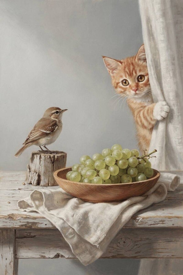 Nieuwsgierig aan de Druivenschaal – schilderij met kitten en vogel