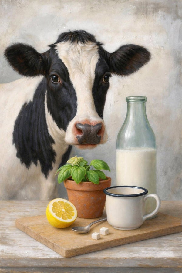 Melk en mint – koe met citroen en basilicum aan tafel