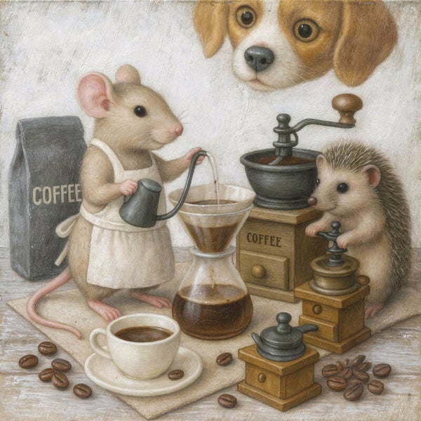 Het eerste kopje – schilderij muis en egel bij de koffiepot