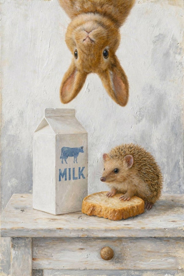 De melkgenoot - dieren schilderij konijn egel