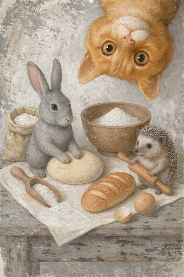 Bakdag – schilderij met konijn, egel en kat in keuken