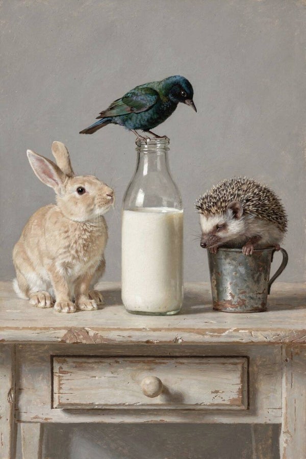 Samen aan de Melkfles – schilderij met konijn, egel en vogel aan tafel