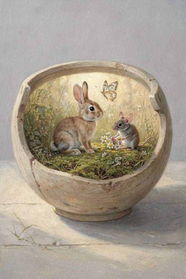 Vlinderstilte – Schilderij met konijn en muis in houten kom