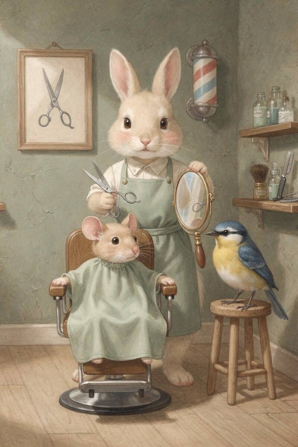 Barbershop Moment – Schilderij konijn als kapper met muis en vogel