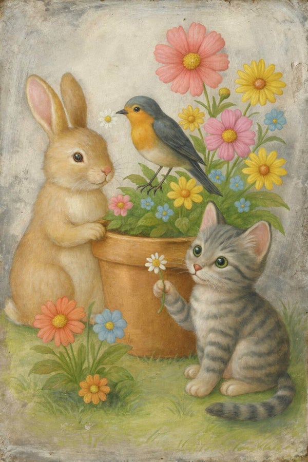 Bloemenvrienden aan Tafel – schilderij konijn kat en vogel landelijk
