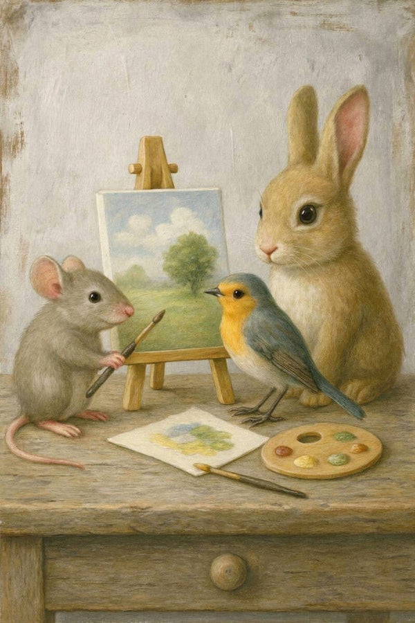 Kleine Ateliermomenten – schilderij konijn, muis en vogel aan tafel