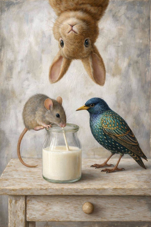De Buikjesschoonmakers – dieren schilderij konijn muis vogel