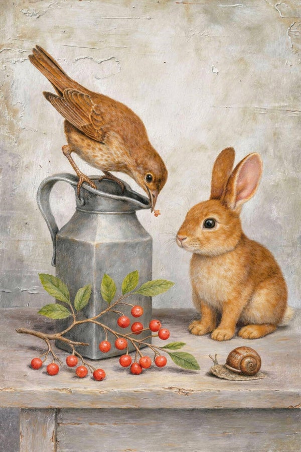 De Bessenwachters – dieren schilderij vogel en konijn