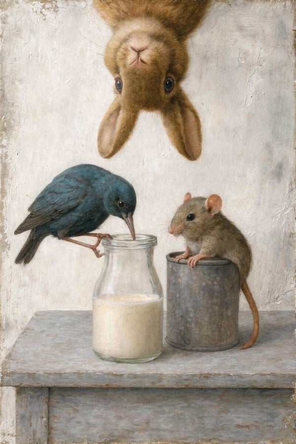 De Melkrovers – dieren schilderij konijn vogel muis