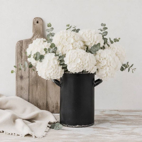 Schilderij landelijke keuken – Stilleven met witte hortensia in zwarte vaas – Witte Hortensia in Zwart