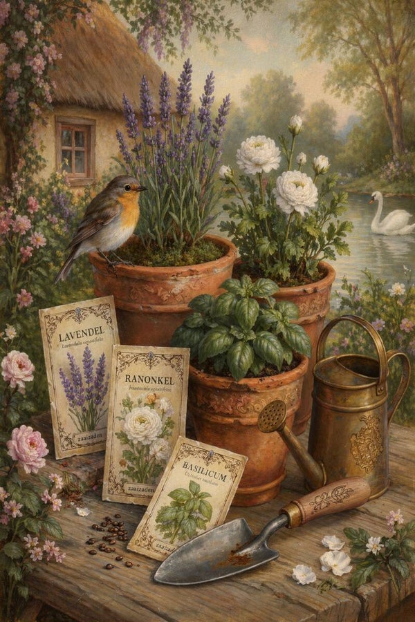 Groene Stilte aan het Water – schilderij tuin bloemen en vogel