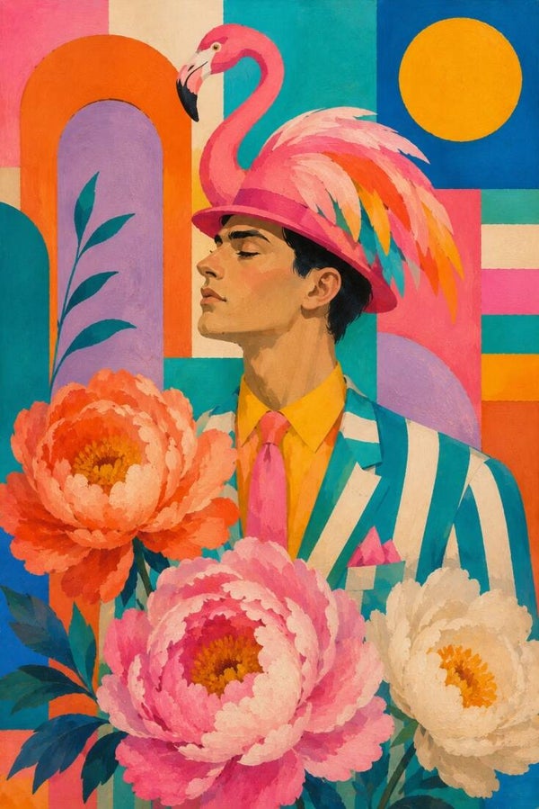 Flamingokroon – kleurrijk schilderij met man en flamingo