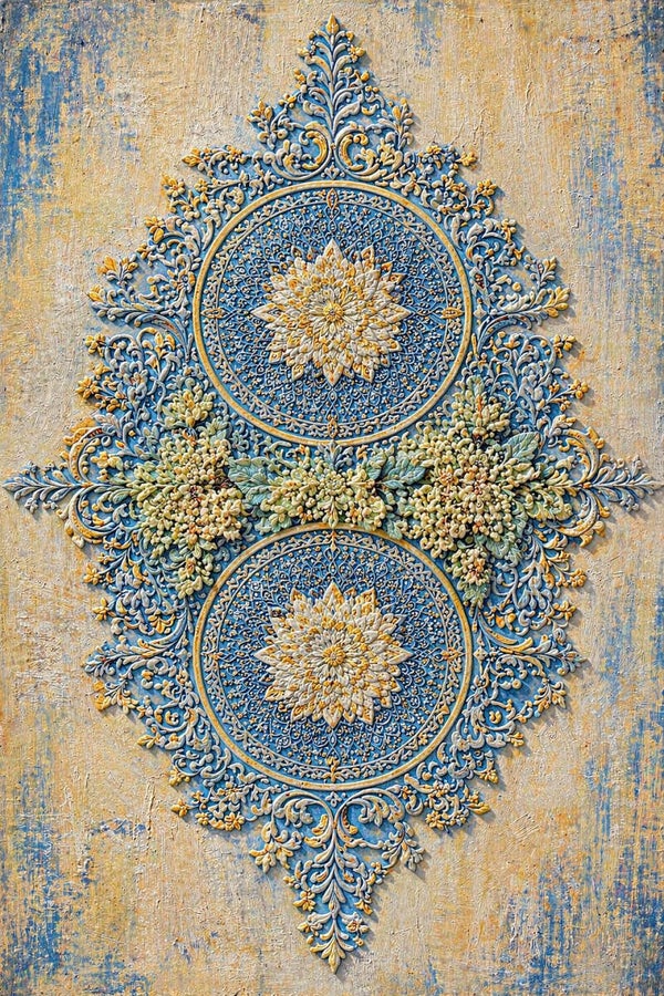 Medaillon – landelijk stilleven in blauw en crème met ornamenten