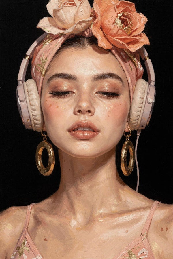 Rosé Rhythm – schilderij meisje met koptelefoon en bloemen, modern portret