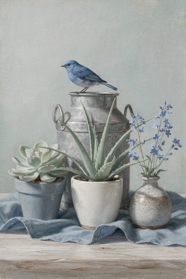 Blauw Moment – schilderij met vogel en planten in rustige setting