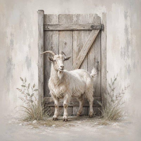 Boerderijgeit bij houten deur – landelijk schilderij met geit