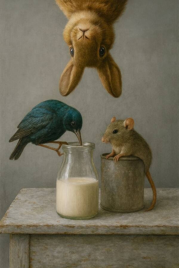 De Melkrovers – dieren schilderij konijn vogel muis