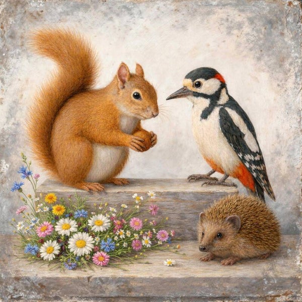 Bosontmoeting – schilderij eekhoorn, specht en egel met bloemen