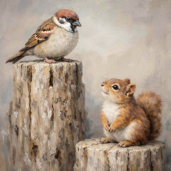 Boomgesprek – schilderij met eekhoorn en mus, landelijke dierenkunst