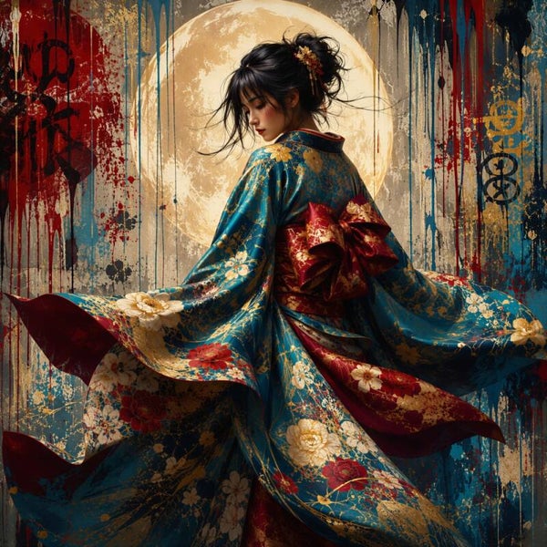 Dans voor de Maan – Kleurrijk Japans schilderij met vrouw in kimono