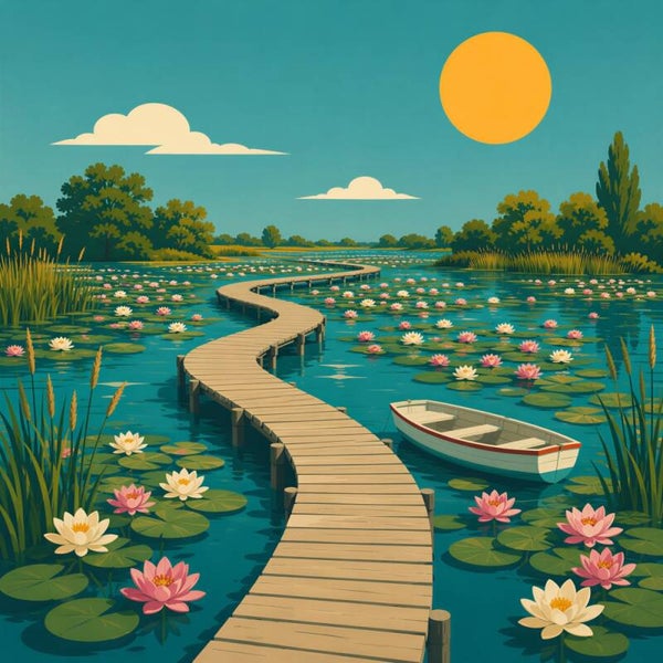 De Waterlelieroute – waterlelies, houten vlonder en roeiboot