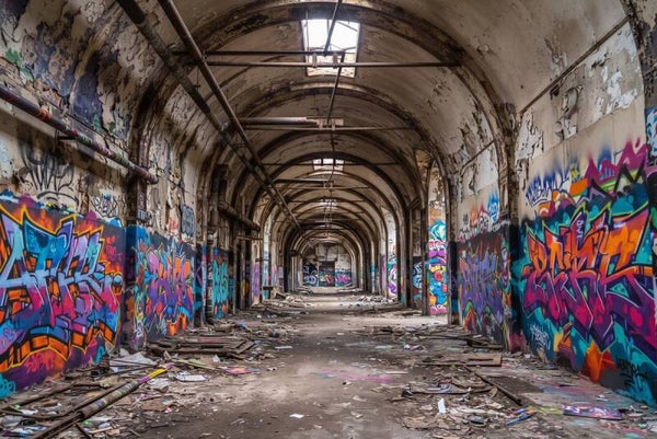 De Vergeten Passage – Industrieel schilderij met kleurrijke graffiti