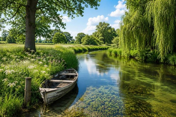 De Groene Beekoever – landschap met roeiboot en kabbelende beek