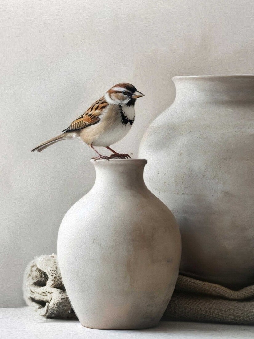 Stille Tak – schilderij op hout met mus en witte vaas