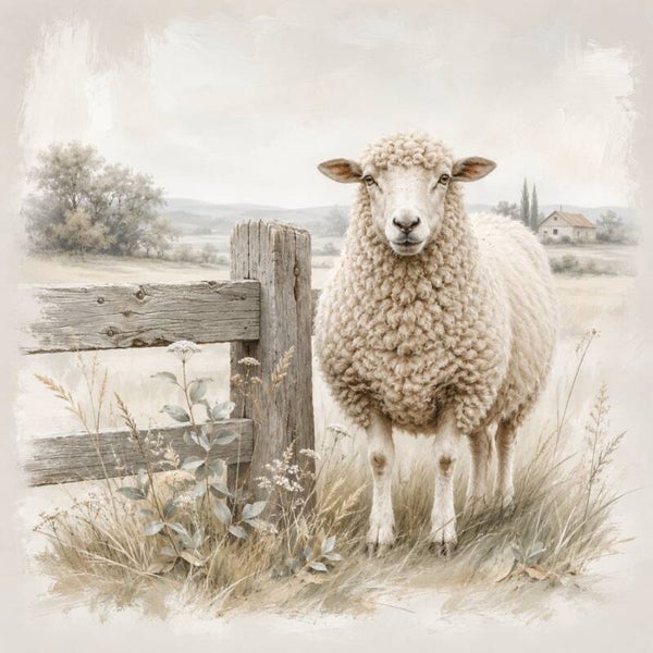 Rust bij het hek – landelijk schilderij met schaap