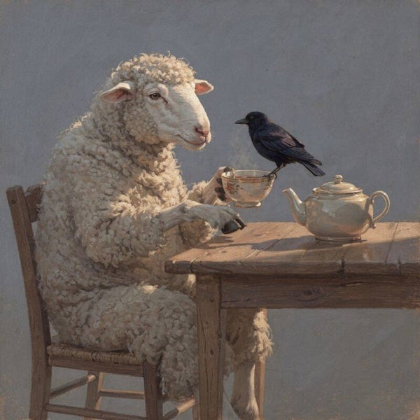Een Kopje Geduld – schilderij met schaap en vogel in landelijke stijl