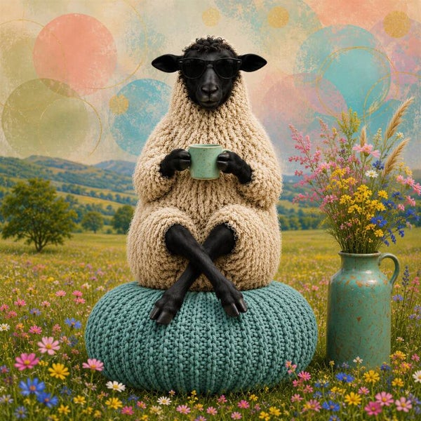 Chill in het Veld – schaap koffie bloemen schilderij modern landelijk kleurrijk