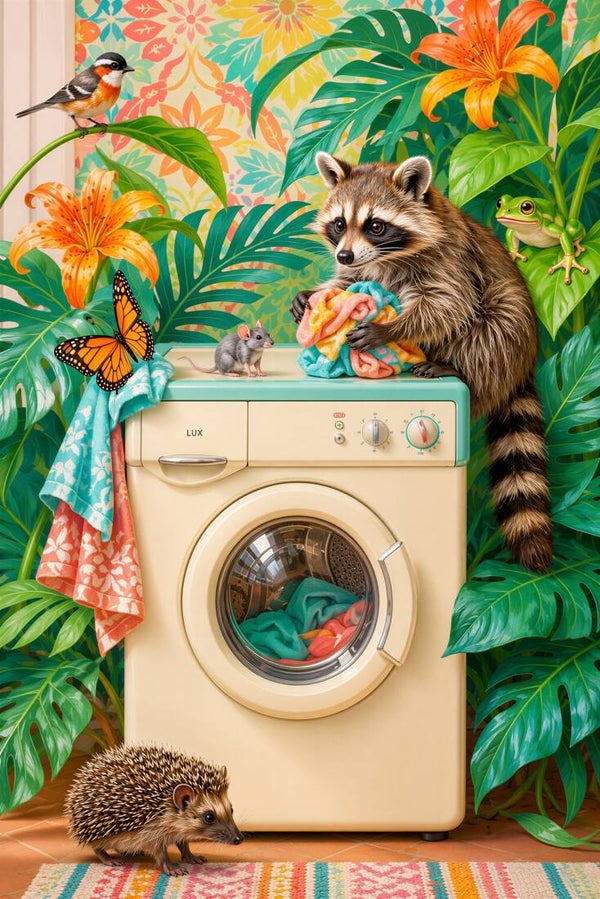 Jungle Wasdag – schilderij wasbeer op vintage wasmachine met jungledieren