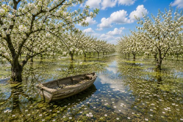 De Witte Bloesemvijver – landschap met roeiboot en bloesembomen
