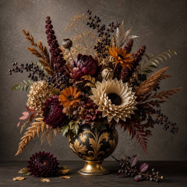 Gouden Weelde – Bloemen schilderij met bessen en zonnebloem