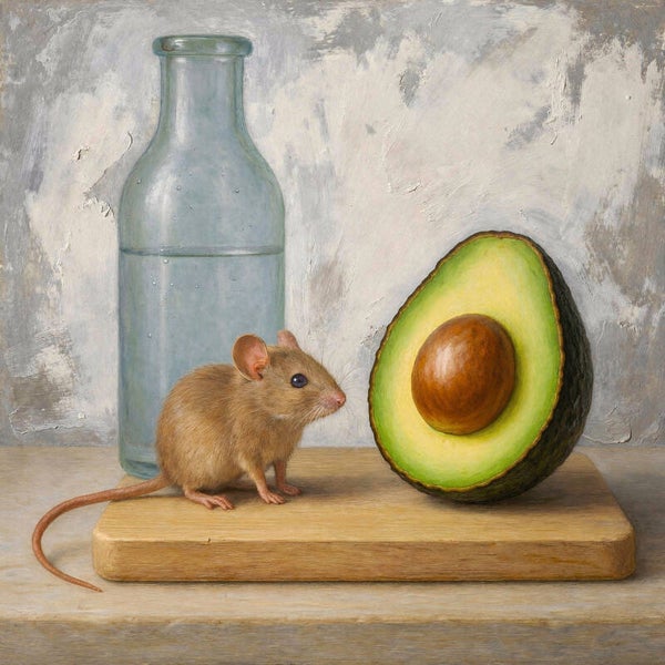 Avocado-ochtend – muisje op de snijplank met melkfles en avocado