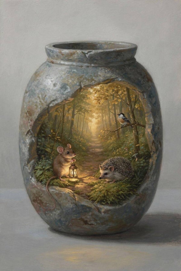 Lichtpad in de Pot – schilderij met muis, egel en vogel