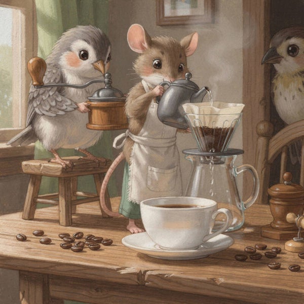 Langzaam Gebrouwen – schilderij met muis en vogels bij koffiemoment