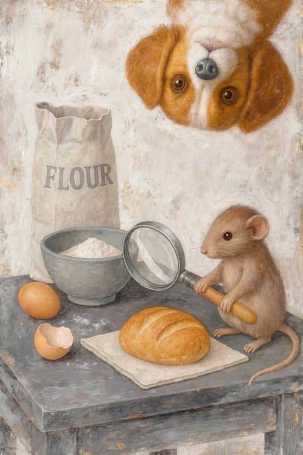 Het kleine bakonderzoek – schilderij muis met brood en hond erboven