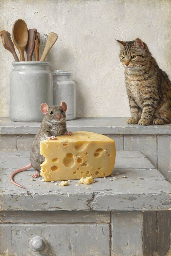 Kleine Schatten van de Keuken – schilderij muis met kaas landelijk