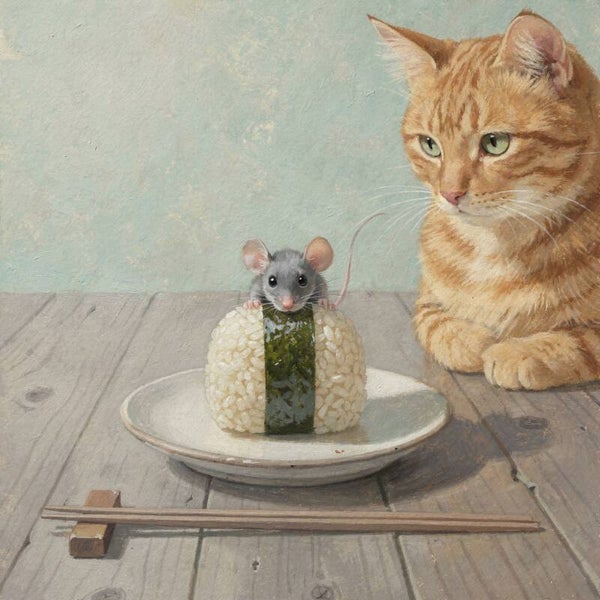 Nieuwsgierig naar sushi – schilderij met muis en rode kat