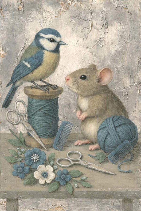 Draadje van Vertrouwen – schilderij muis en vogel in landelijke stijl