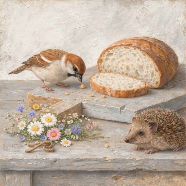 Broodkruimels – schilderij mus en egel met brood