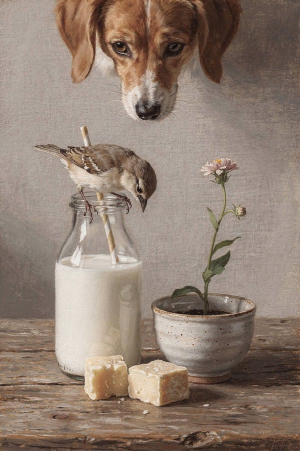 Melk en Nieuwsgierigheid – schilderij hond, mus en melkfles