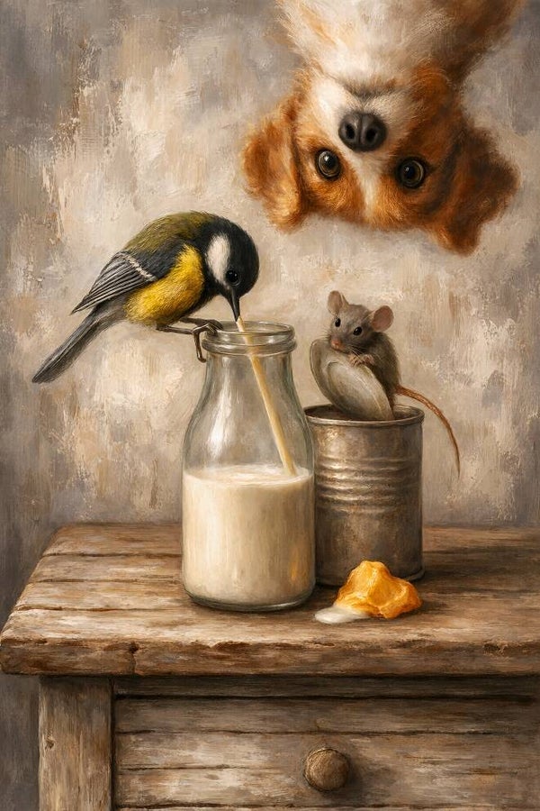 Ochtendgasten landelijke editie – schilderij met koolmees, muis en hond bij melkfles