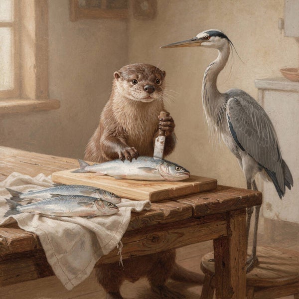 Aan de Snijtafel – schilderij met otter, reiger en vis in landelijke setting